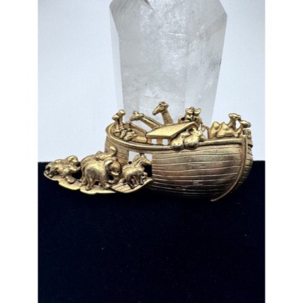 Vintage AJC Signed Noahs Ark Animals Ship Boat Gold Tone Brooch Pin Bible Story